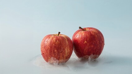 Cracked red apples set on a soft blue surface