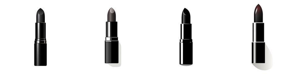 Various shades of black lipstick displayed on a white background accentuating their sleek packaging and distinct finishes