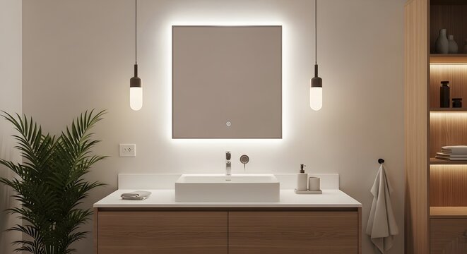 Visualize your dream bathroom with this modern design featuring a stylish mirror, sleek sink, and ambient lighting for a spa-like experience in your own home