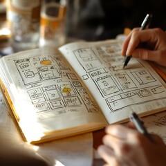Someone sketching website layouts inside a notebook with pens