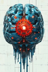 Cybernetic brain, metallic, gear, technology, futuristic.