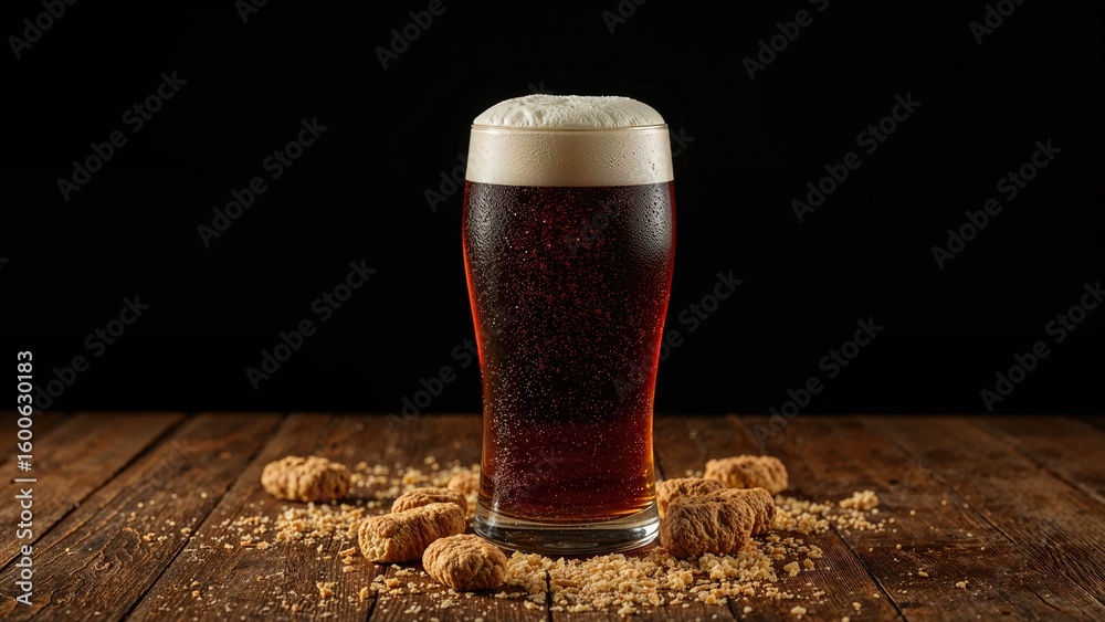 Aufkleber close-up of a dark beer topped with foam in a handle mug on a wooden base with crumbs around, side p