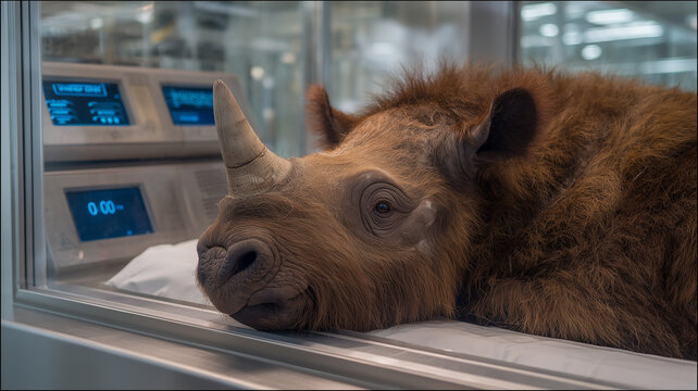 This Researchers examine a revived Barbary lion in a lab, highlighting species resurrection progress.