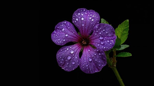 Purple flower with water droplets in macro photography on a black background showcasing intricate details and vibrant colors