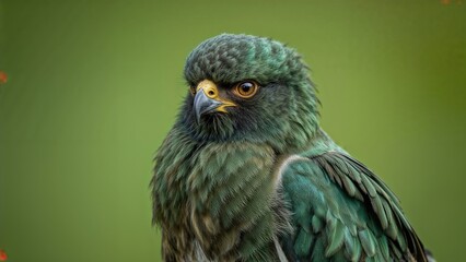 Portrait of a royal kite with striking green plumage and intense gaze against a blurred natural green background