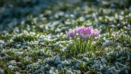 Obraz premium Bright crocuses and primroses bloom as winter fades