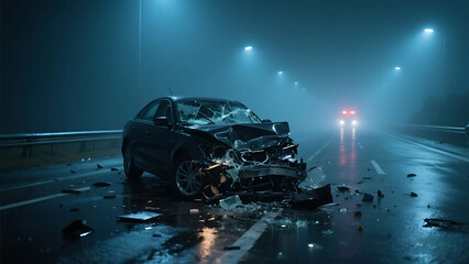 Car accident at night on a wet city street.