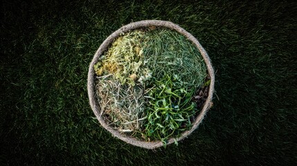 Compost in a round container on a grassy surface.