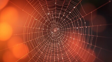 Obraz premium Detailed spider web with dew drops glistens against a warm, out-of-focus orange background