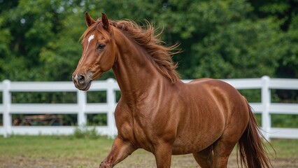 Fototapeta premium Thoroughbred Arabian equine inside the fenced area