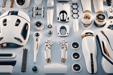 Sleek Advanced Futuristic Robotics Components Artificial Intelligence Engineering Modern Technology Mechanical Machine Parts White