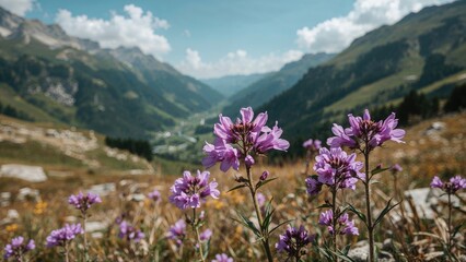 Obraz premium Mountain valley adorned with rich purple flowers