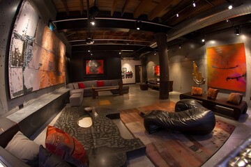 Modern living room interior with artistic decor, contemporary furniture and creative design elements
