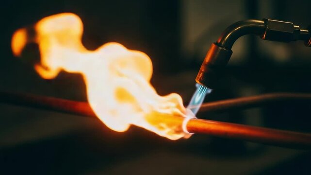 A plumber uses a gas blowtorch to solder copper pipes. Close-up of the flame heating the metal joint in a workshop.