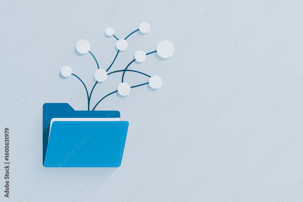 Poster digital data's core: a digital illustration of an open folder sprouting interconnected nodes.