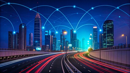 Futuristic smart city skyline at night with digital network connections and light trails on highway
