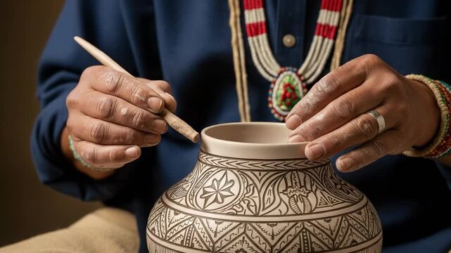 Indigenous artist's hands meticulously decorating a handmade ceramic pot. A close-up view of traditional pottery making and cultural art.