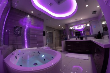 Luxury bathroom interior with jacuzzi tub and modern design featuring purple lighting ambiance
