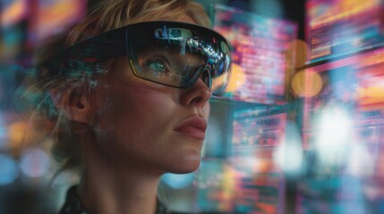 A woman wearing a futuristic headset gazing intently at holographic displays with data visualization. She is focused and immersed in a world of advanced technology.
