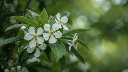 Nature background featuring white flowers and green leaves