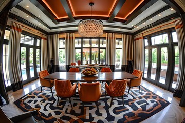 Elegant dining room with modern chandelier, stylish furniture, and natural light from windows