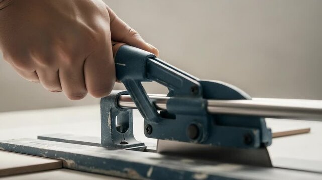 Close up of a worker's hand cutting a ceramic tile. A tiler using a manual tile cutter for flooring installation during home renovation.