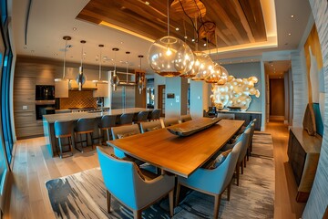 Modern dining room and kitchen interior with wood details and elegant lighting fixtures