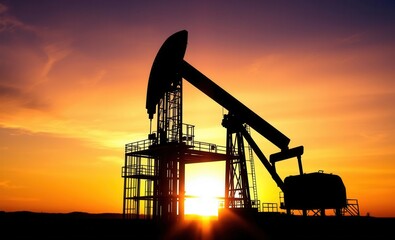 Silhouette of an oil drilling rig against a vibrant setting sun emphasizing industrial strength and energy production in a dramatic sunset landscape Vibrant Rim Light technology vibrant background col