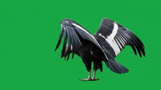 A condor with spread wings stands against a solid green background Its black with white patches on the wings