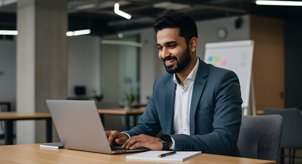 Smiling indian businessman working on laptop in modern office lobby space. Young indian student using computer remote studying, watching online webinar, zoom virtual training on video call meeting.
