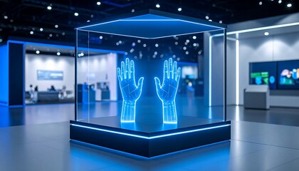 Digital hologram display showcasing animated hand in a modern exhibition space