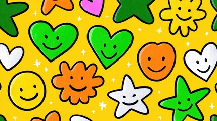 Playful Pop Art Joy: Dynamic Pattern of Floating Hearts, Stars, and Happy Faces in Vibrant Yellow, Peach, and Electric Green Palette