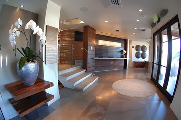 Elegant hotel lobby with orchids, modern design, and inviting atmosphere for travelers