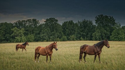 Fototapeta premium Purebred equines in a natural summer setting with lush greenery and scenic views
