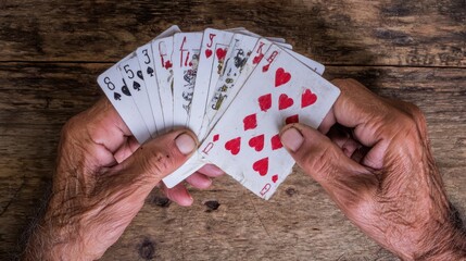 Aged hands holding a fan of playing cards on a wooden surface.