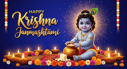Baby Krishna with Butter Pot and Diyas – Happy Janmashtami Greeting Card Design | Krishna Wallpaper HD