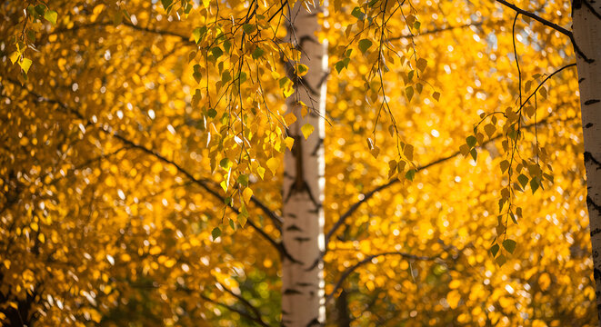 Indian summer. Beautiful autumn landscape with yellow trees and sun. Colorful foliage in the park. Falling leaves natural background. 