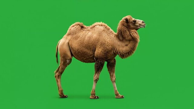 A dromedary camel stands out on a green background showcasing its tan fur single hump and elegant gait