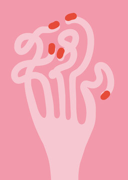 Hand With Wavy  Fingers and Minimalist Red Nails Poster Background. Modern Design Abstract Art