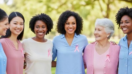 Group of diverse multi-generational women with pink ribbons. Female friends of different ages and ethnicities supporting breast cancer awareness outdoors.