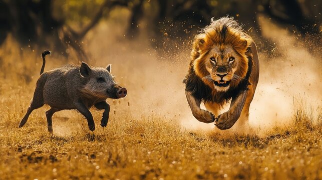 Majestic lion chasing a wild boar in a golden savanna
