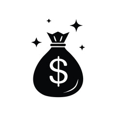 Black money bag icon displays the dollar symbol and surrounding shiny stars on a transparent background