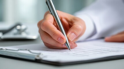 A doctor writing on a clipboard, focusing on patient care and diagnosis. The doctor's hand holds a pen and is shown against a white coat background, reflecting healthcare and professionalism