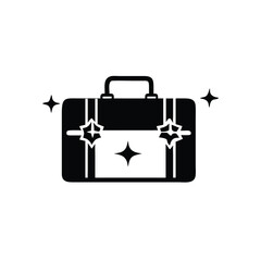 Shining black suitcase with handle has white lines and sparkle on white background