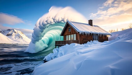 Snowy home enveloped by teal wave