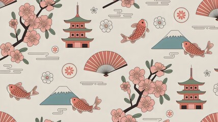 Celebrate Asian culture with this stunning seamless pattern featuring cherry blossoms and koi fish designs