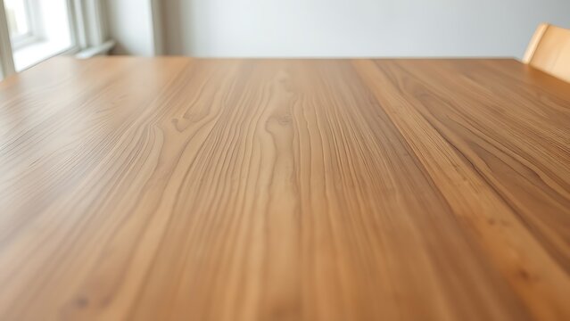 A wooden table showcasing natural grain patterns, bathed in soft side lighting for a serene aesthetic.