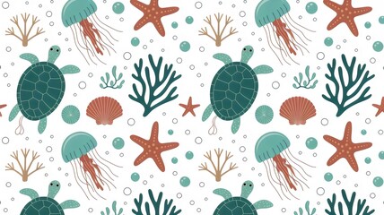 Adorable ocean life pattern with turtles, jellyfish and coral makes a splash for kids designs