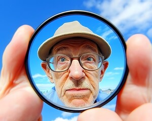 An older mans face framed by a lens against blue sky