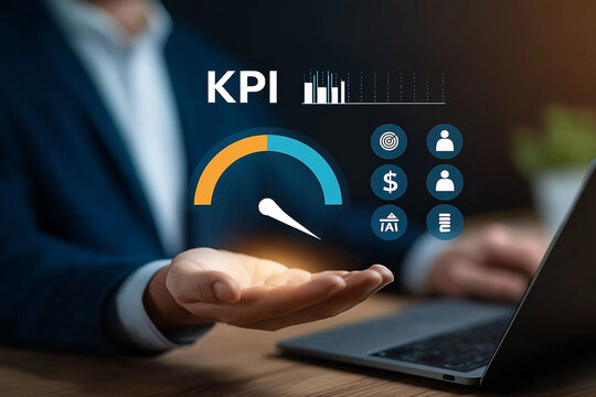 Business executive using KPI performance indicators with AI data analytics and digital dashboards to measure growth, optimize strategy, and digital transformation management